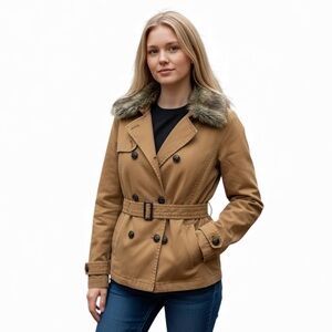 Vintage GAP Coat Jacket Utility Faux Fur Collar Liner Belted Medium Brown Y2K